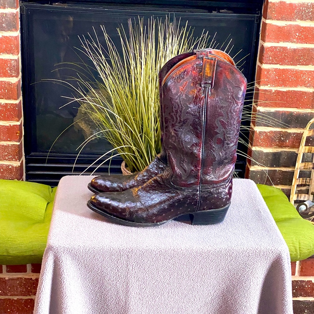 Genuine Ostrich Mens Cowboy Boots. Black Cherry